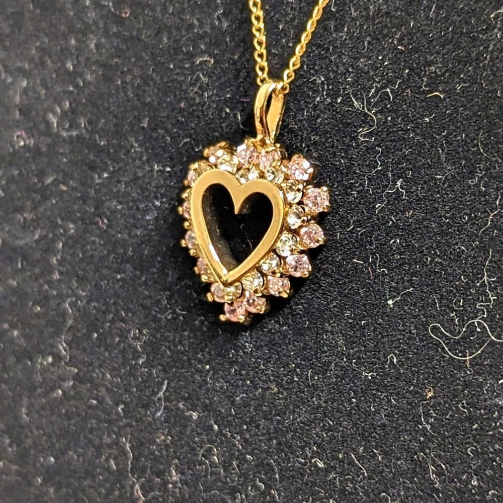 Heart Shaped Pendant w/ Clear & Pale Pink CZ's - Gold over Sterling Silver - Picture 8 of 14